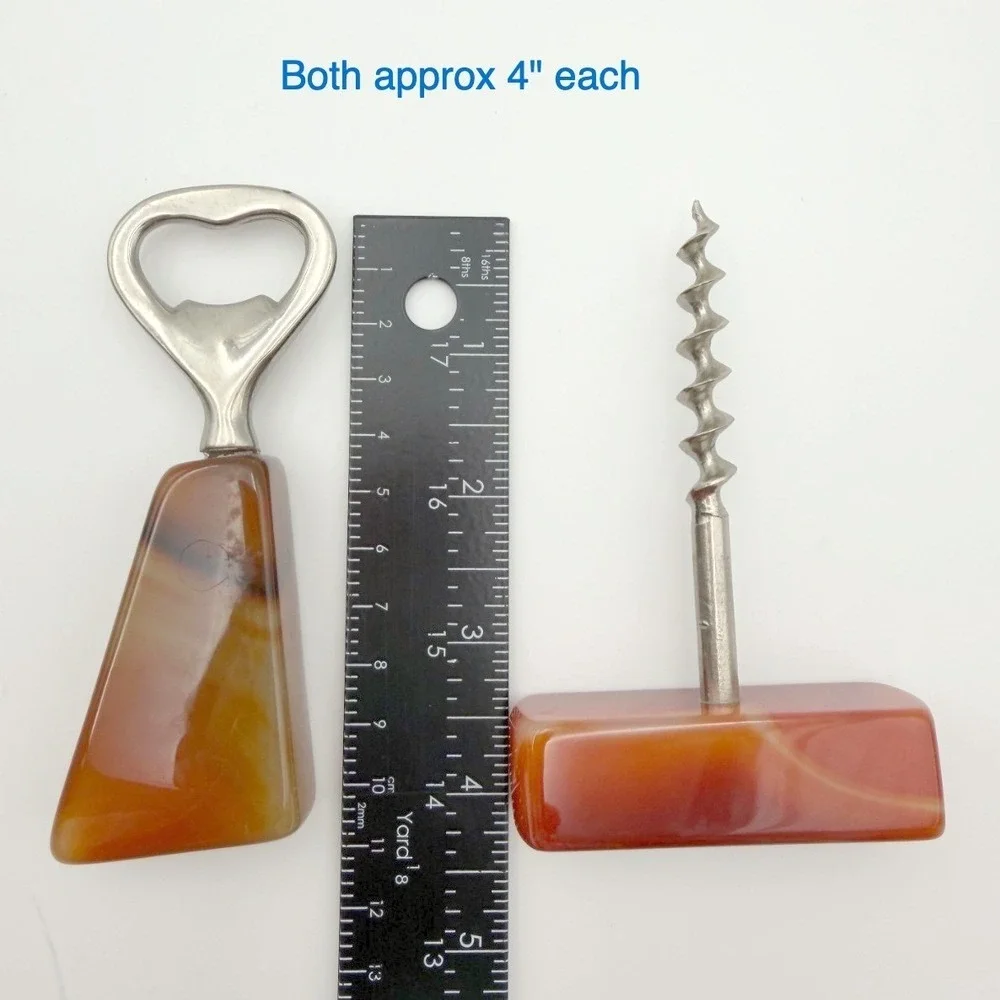 VTG Genuine Red Carnelian Agate Handle Corkscrew & Bottle Opener Bar Tool Set